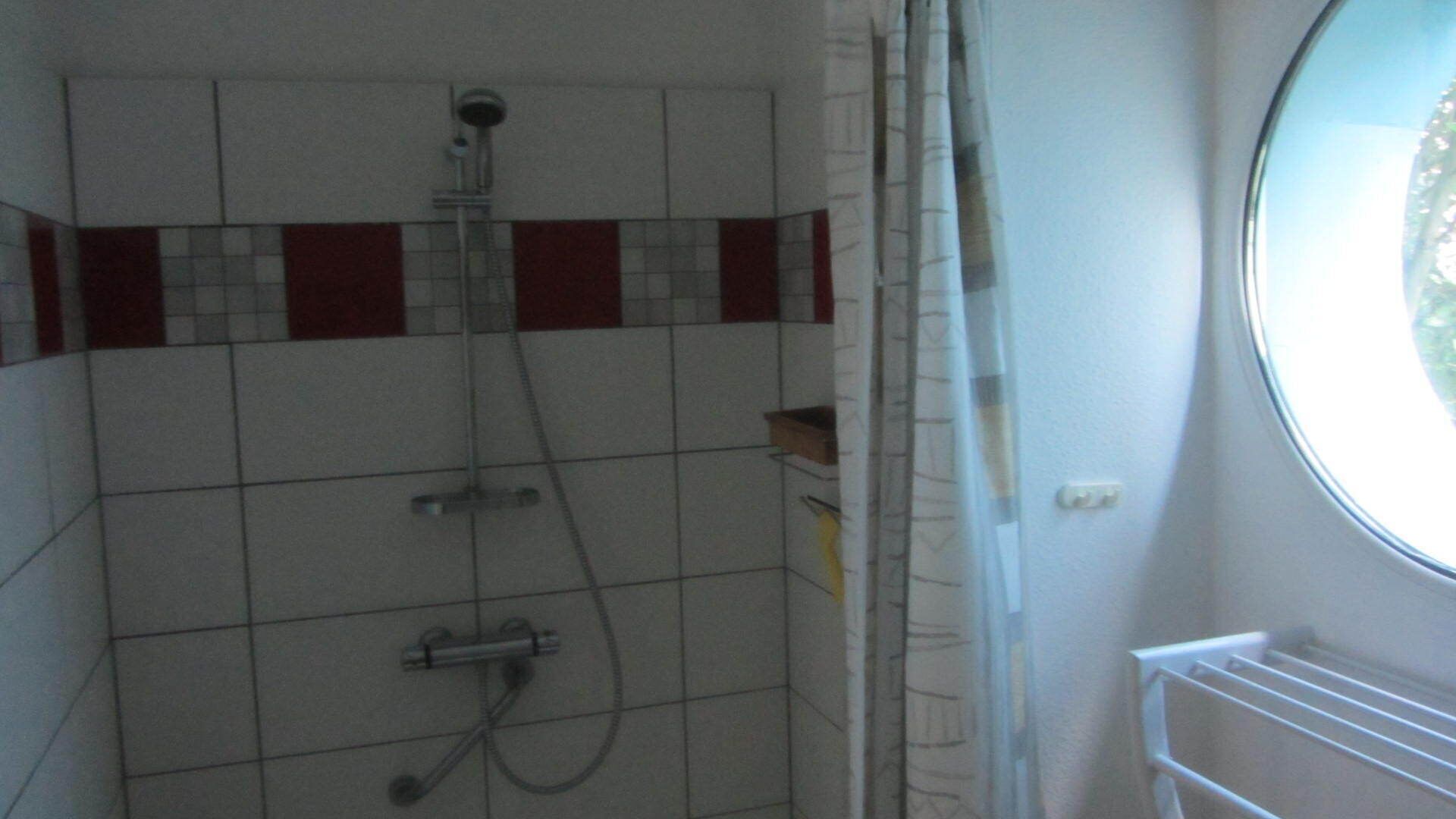 Ducha con puerta de vidrio, paredes con azulejos y ventana.