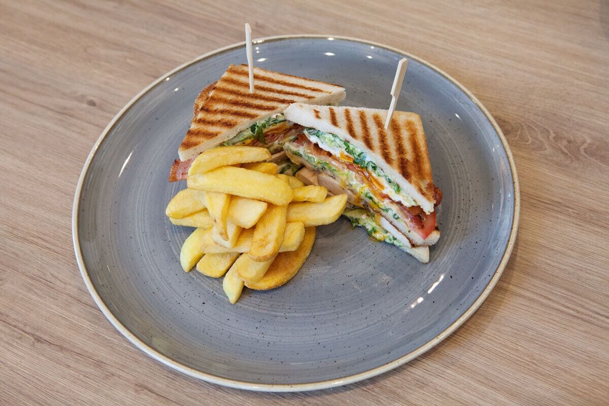 Une assiette avec un sandwich grillé et des frites.