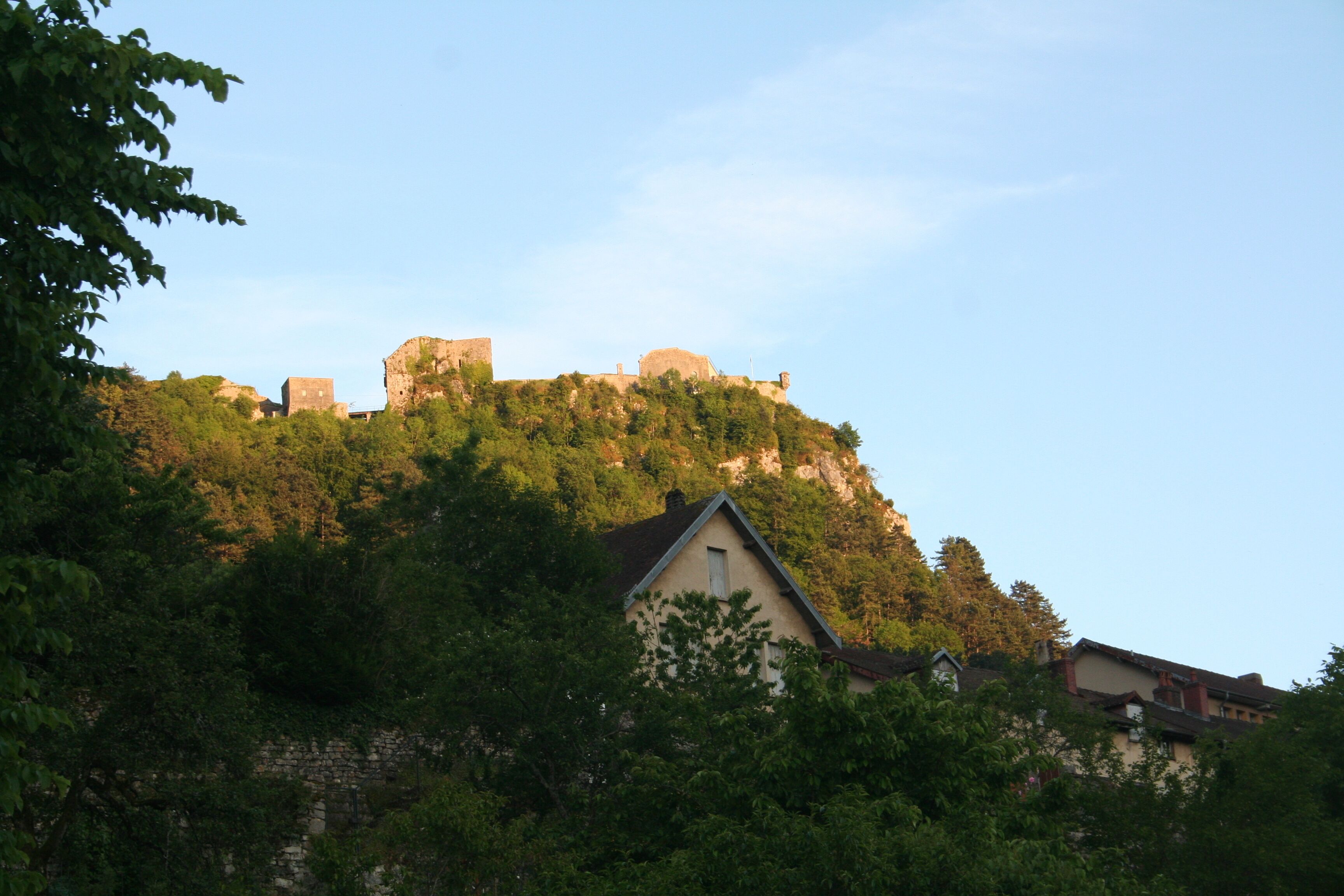 Un château perché sur une colline, entouré de verdure, avec un bâtiment en premier plan.