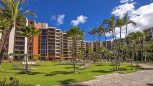 Een hotel binnenplaats met gazon, palmbomen en een pad van stenen.