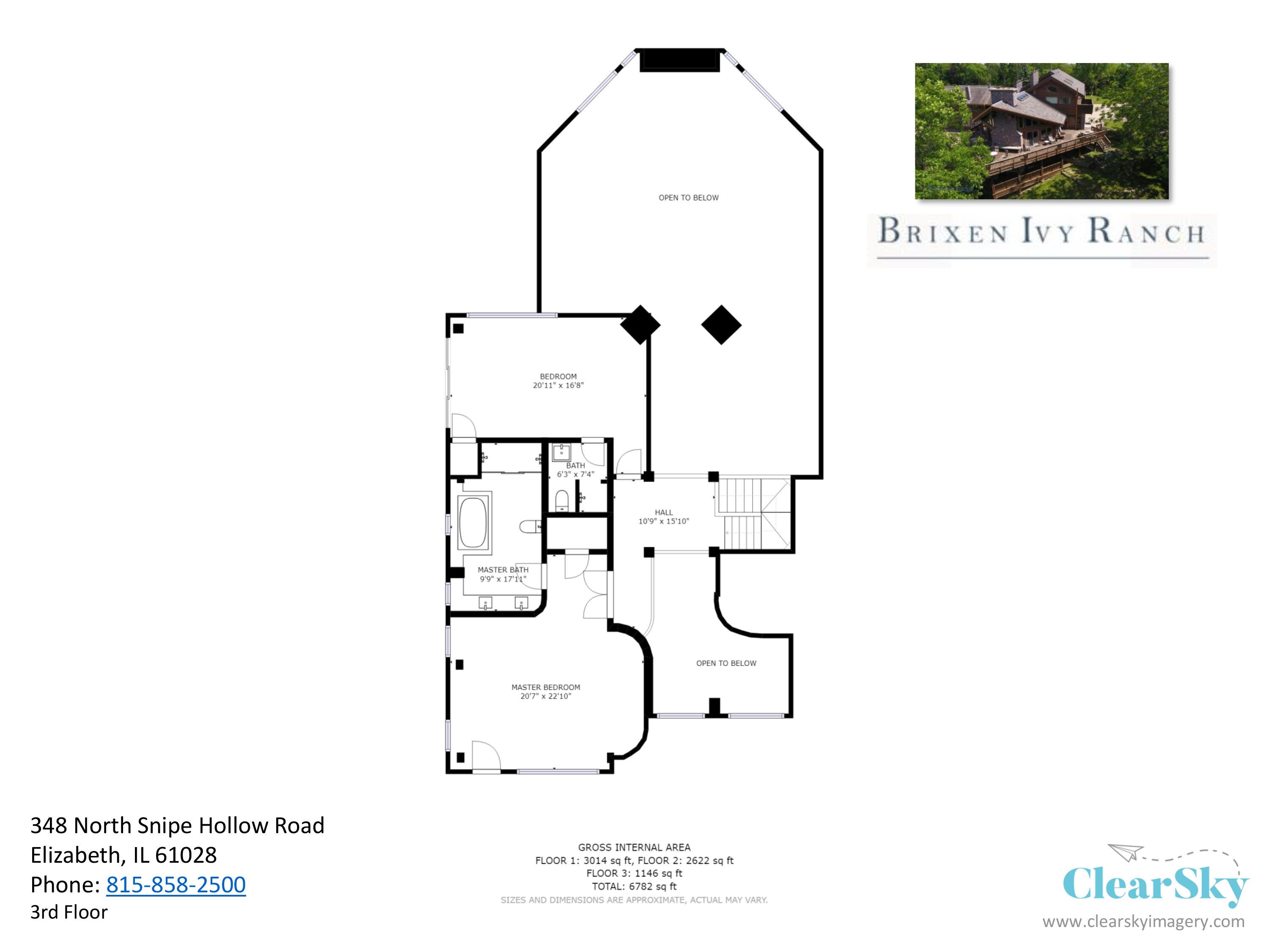 En planritning över Brixen Ivy Ranch, som visar ett sovrum, ett större sovrum, ett badrum tillhörande det större sovrummet och en hall.