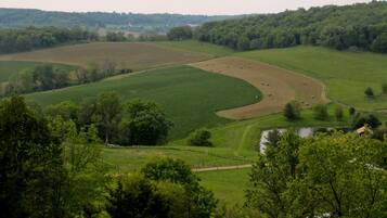 A rural landscape with fields, a winding road, and a small body of water.