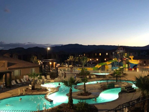 A heated pool, pool umbrellas