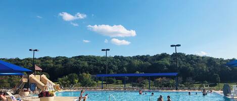 A swimming pool with lounge chairs and a slide, surrounded by trees and a clear sky.