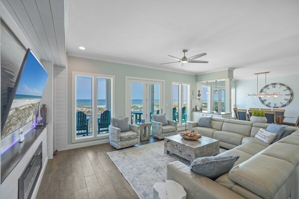 Smart TV, fireplace, DVD player, books