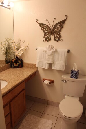Shower, hair dryer, towels, toilet paper - BUILDING 10 Unit #107 1 bedroom/2bath, ground floor, large lanai, ocean view  (Kihei)
