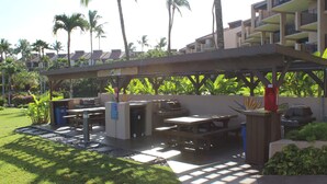 Eine Außenpatio mit Grillplatz, Picknicktischen und einer überdachten Sitzgruppe.