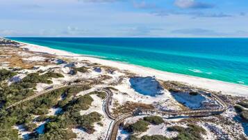 On the beach, sun loungers