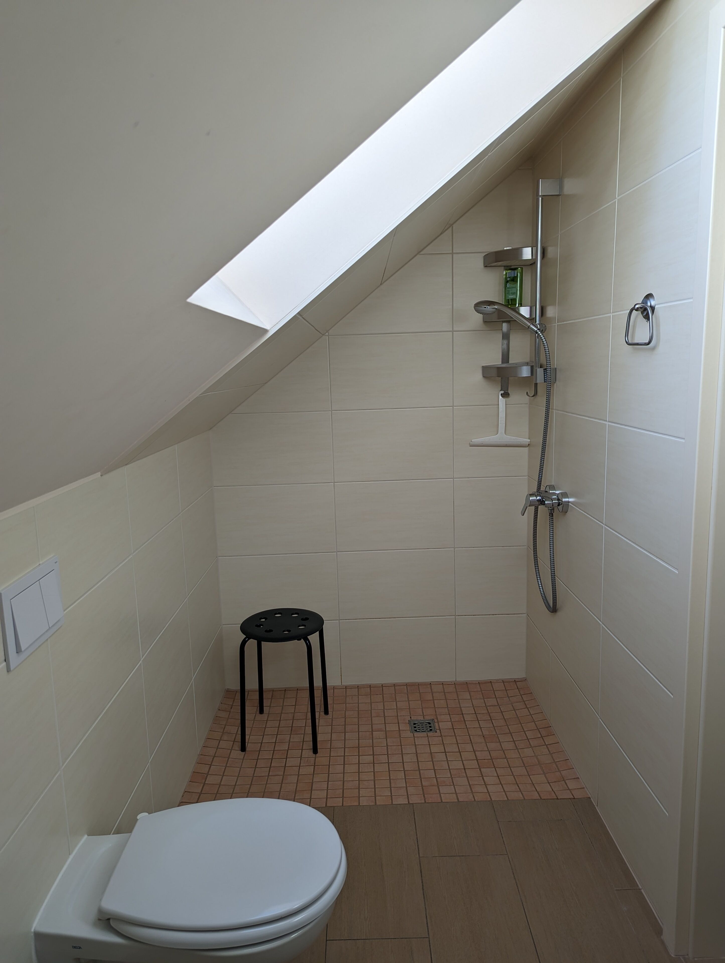 A small, sloped bathroom with a skylight, a toilet, a shower, and a small stool.