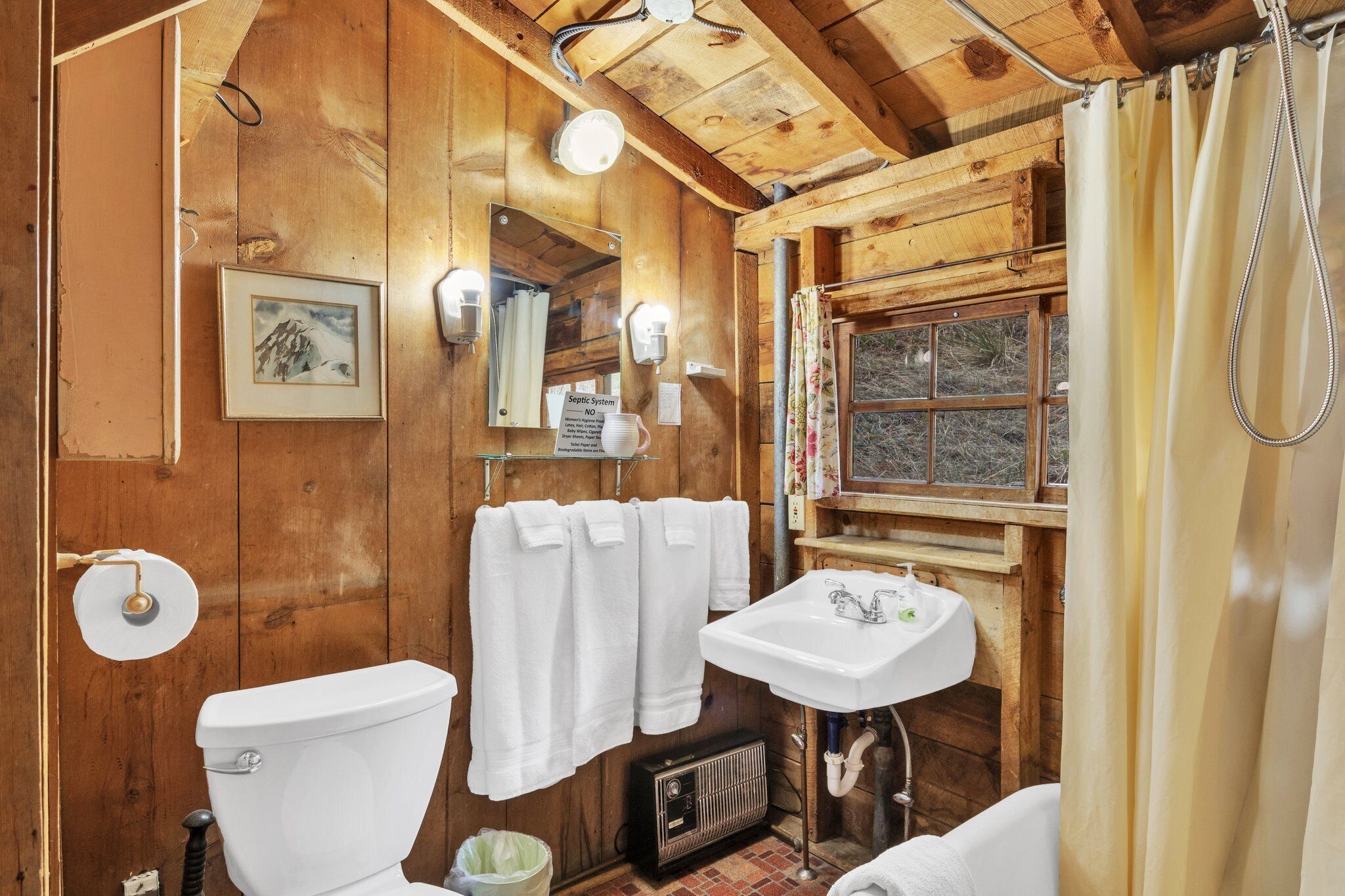 Shower, hair dryer, towels, toilet paper