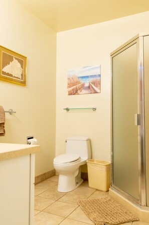 シャワー付き浴槽、ヘアドライヤー、タオル