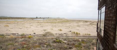 A view of a sandy beach from a building with large windows.