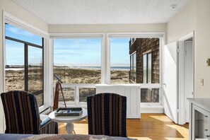 A room with large windows, a telescope, and a view of the beach.