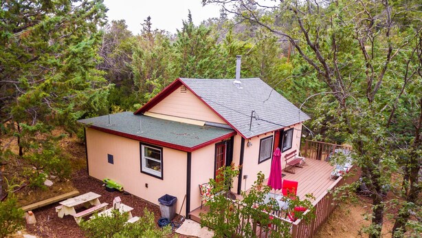 A small house with a deck, surrounded by trees.