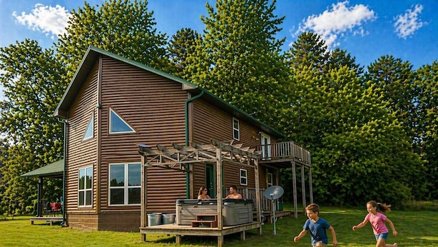 A wooden cabin with a deck, outdoor seating, and a satellite dish.
