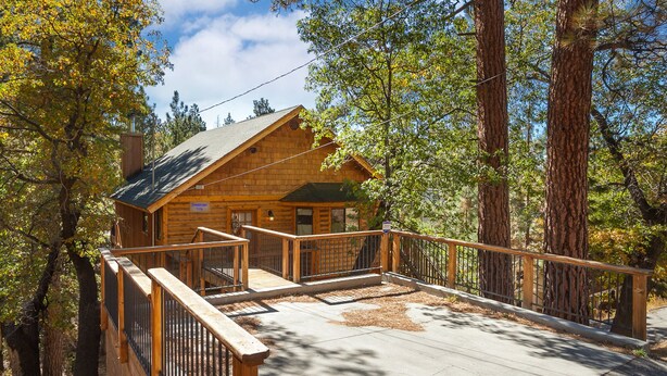 A wooden cabin with a porch and a staircase leading to the entrance.
