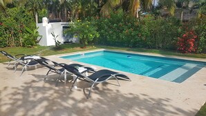 A swimming pool with four lounge chairs and a small table, surrounded by lush greenery and a white building. - La Belle Créole, home for 5, peaceful, close to the beaches (Las Galeras)
