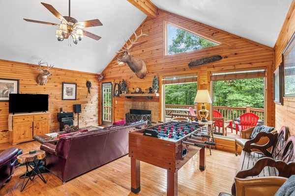 Flat-screen TV, fireplace, video games, DVD player