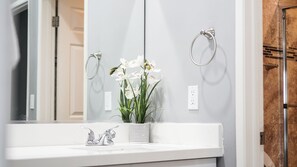 Secadora de cabello, toallas, jabón, papel de baño
