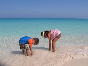 On the beach, sun-loungers, beach towels