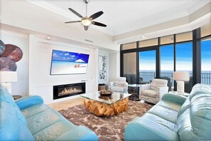 Smart TV, fireplace, video games, DVD player