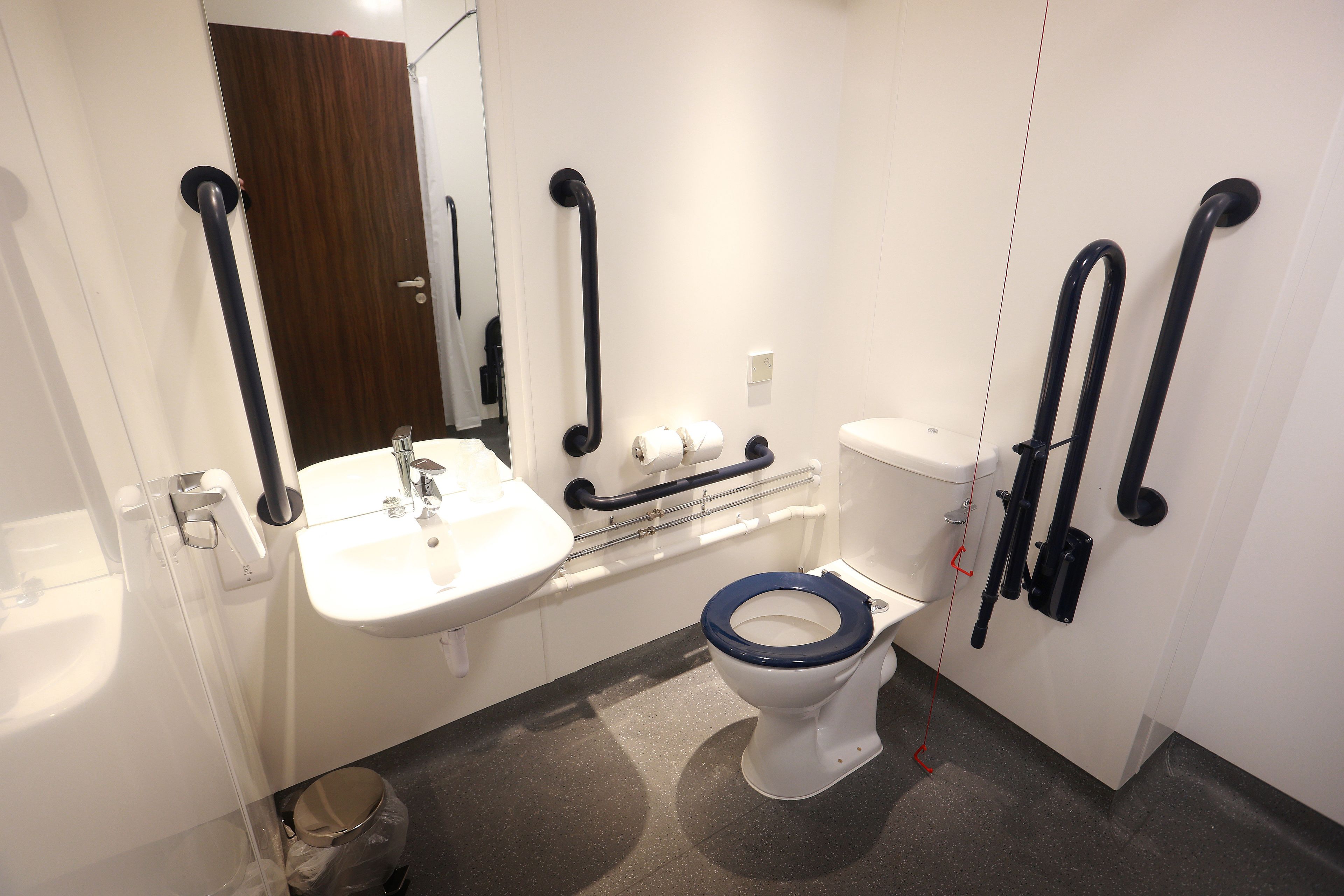 A bathroom with a white sink, a toilet with a blue seat, and black grab bars.