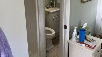 Ein Badezimmer mit Toilette, Waschbecken und Spiegel. Handtuchhalter, ein gerahmtes Bild an der Wand und ein Schrank mit Toilettenartikeln sind ebenfalls vorhanden.