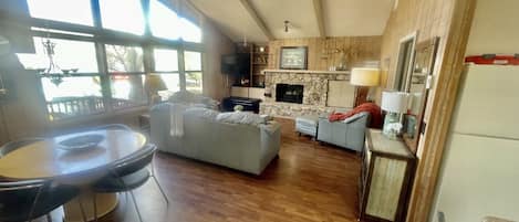 Smart TV, chimenea, reproductor de DVD y libros