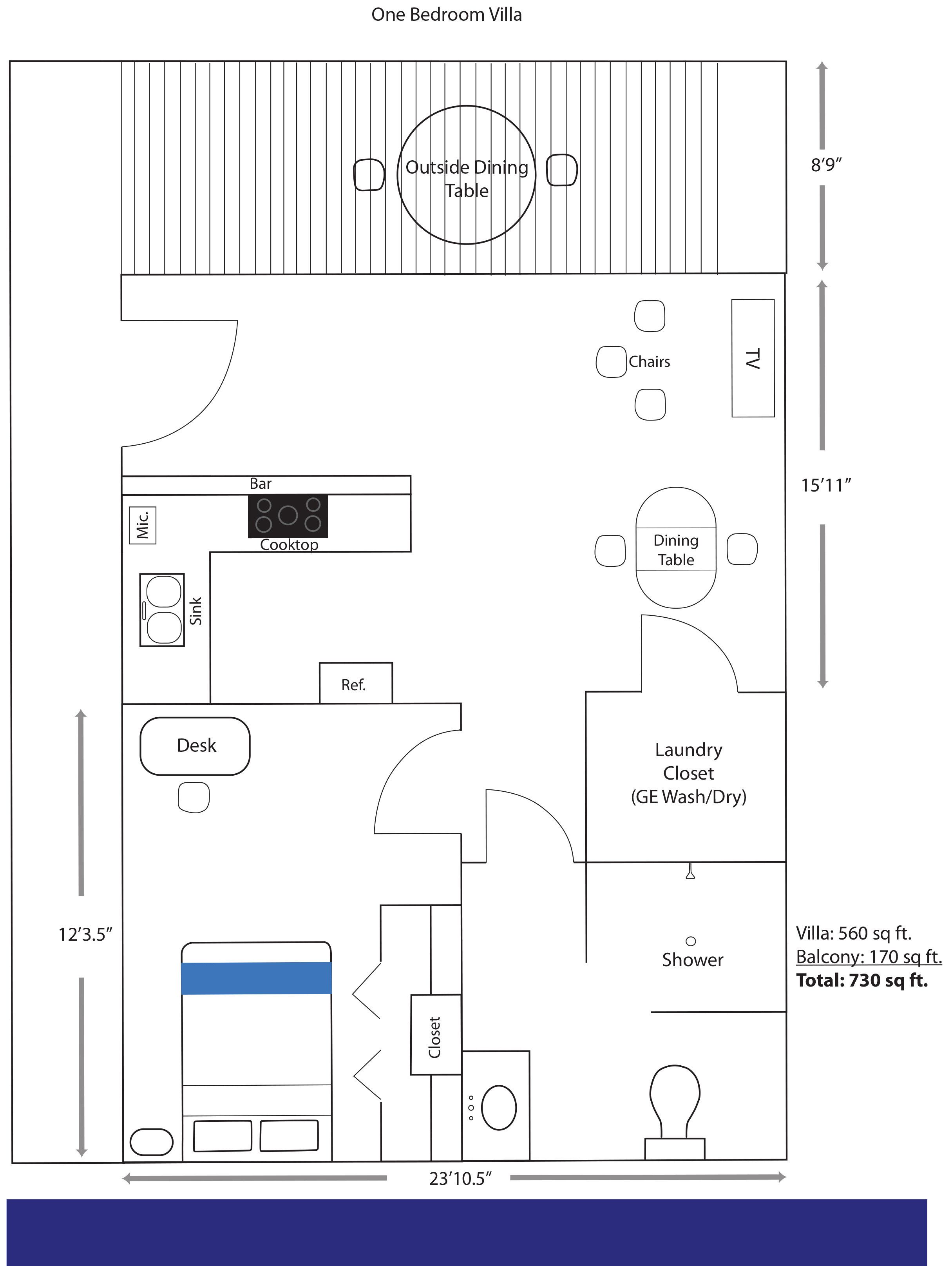 A one-bedroom villa layout with a dining table, bar, kitchenette, and a laundry closet.