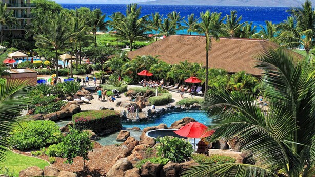 A resort with a pool, palm trees, and a view of the ocean.