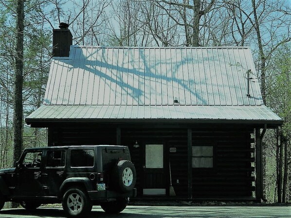 A rustic cabin with a metal roof and wooden walls, a black vehicle parked in front, and a forested background.
