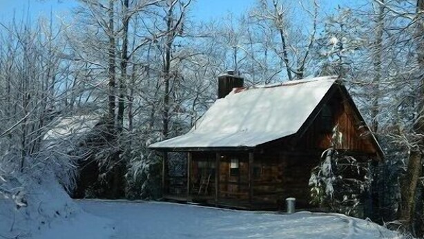 A rustic cabin surrounded by snow-covered trees. - SAVE!  ROMATIC  GATLINBURG   GETAWAY!!    (Gatlinburg)