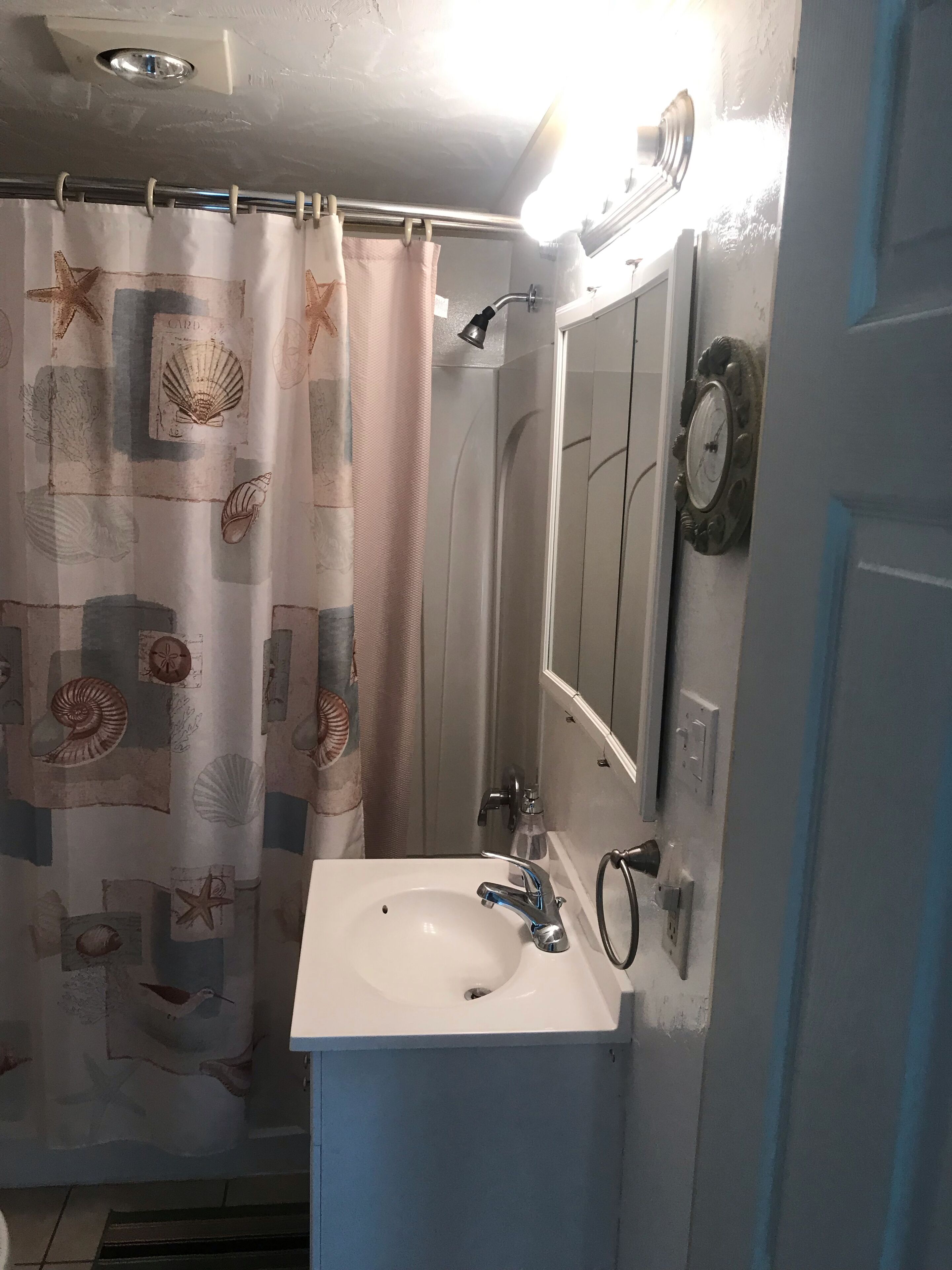 A bathroom with a shower curtain featuring sea shell and starfish patterns, a white sink with a modern faucet, and a mirror with a decorative frame.
