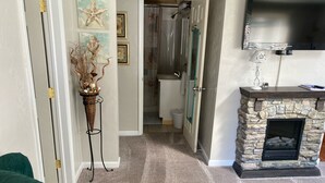 Una sala de estar con un sofá verde, una chimenea de piedra, un televisor montado en la pared y una puerta que da a un baño.