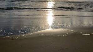 Ein Strand, auf dem das Sonnenlicht im Wasser glitzert und den Sand zum Schimmern bringt.
