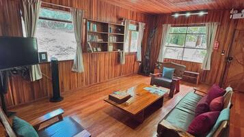 Smart-tv, een open haard en boeken