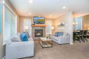 Flat-screen TV, fireplace, offices