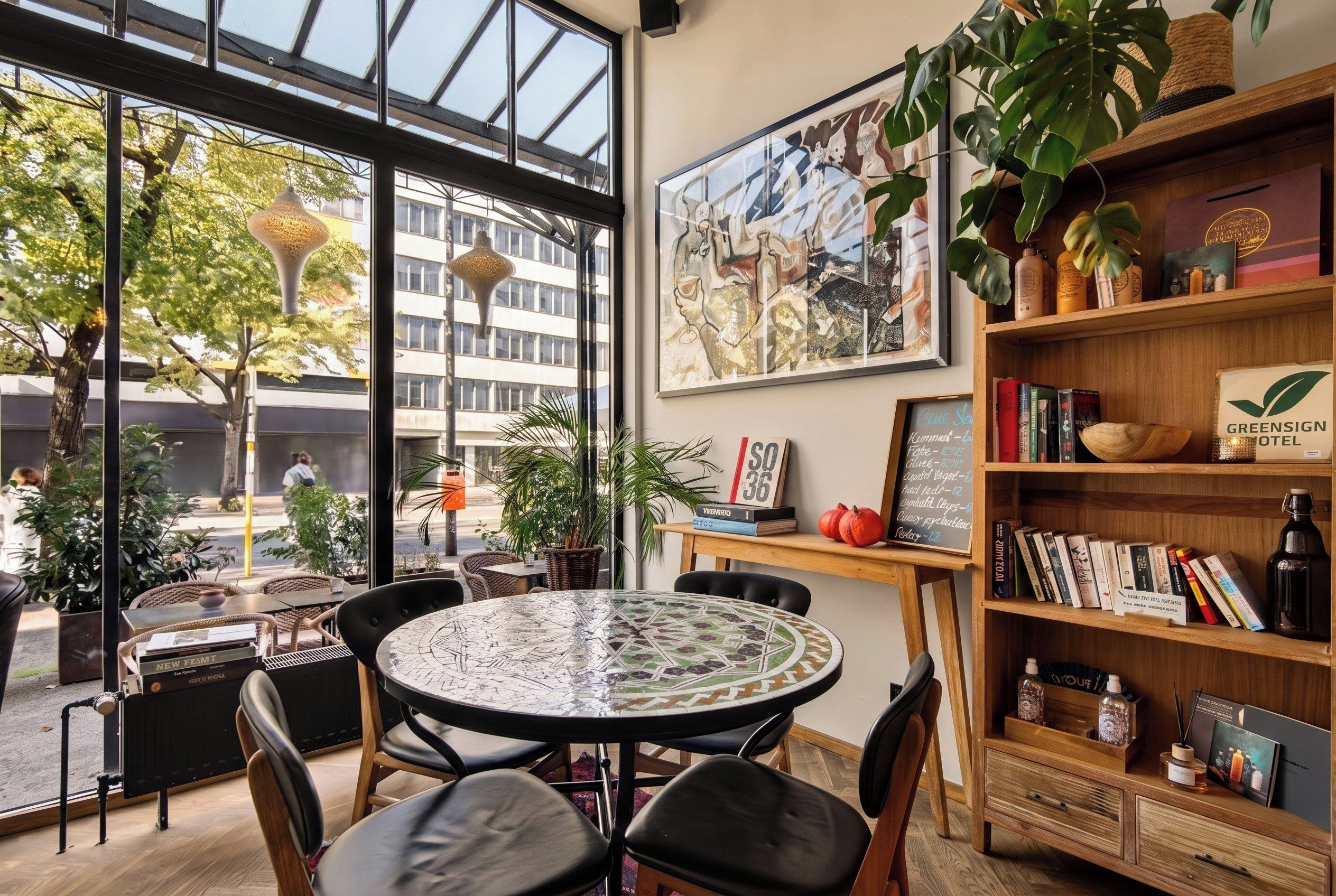 A cozy indoor seating area with a round table and chairs, a bookshelf with books and a sign, and a large window with a view of the street.