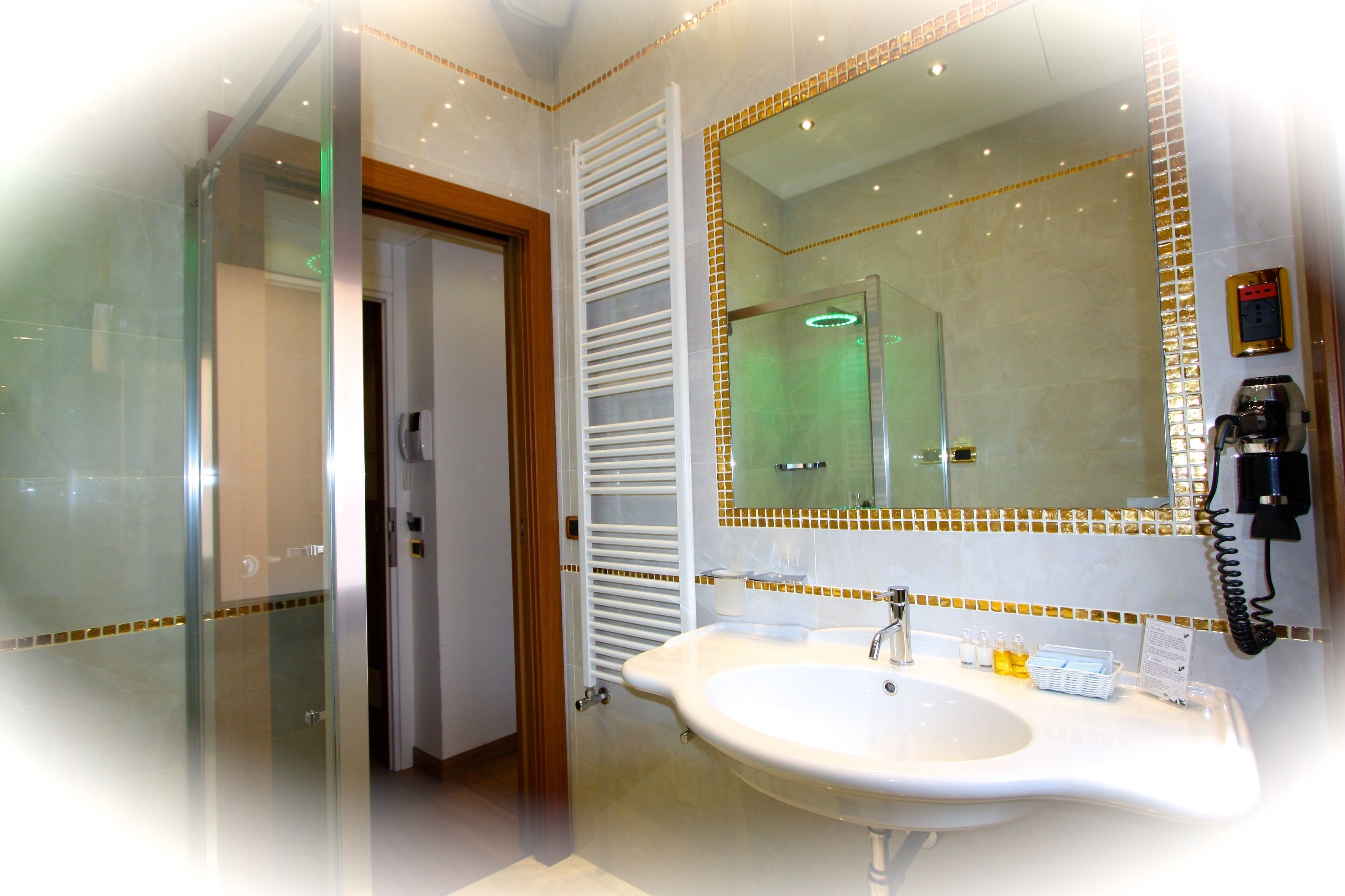 Shower, hair dryer, towels
