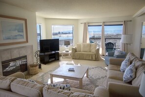 Tv, eldstad och en stereo