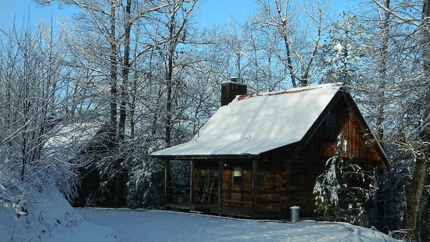 A log cabin with a metal roof, surrounded by snow-covered trees.