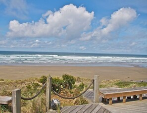 On the beach, sun-loungers, beach towels