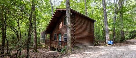 A rustic log cabin with a porch, surrounded by dense forest.
