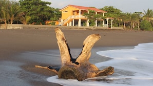 Una propiedad frente a la playa con una gran escultura de madera en primer plano, una casa amarilla con techo rojo al fondo, y palmeras que rodean el lugar.