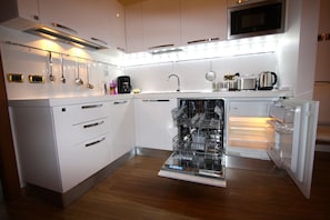 Kühlschrank, Mikrowelle, Herdplatte, Geschirrspüler