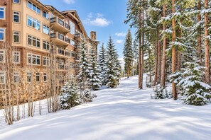 A multi-story building with a stone facade and balconies, surrounded by snow-covered trees and a clear sky.