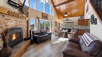Smart TV, fireplace, video games, DVD player