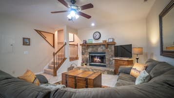 TV, fireplace, ping pong, books