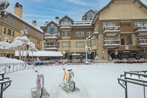 Une place enneigée avec un point de location de vélos, un bâtiment de la place du marché et un arbre recouvert de neige.