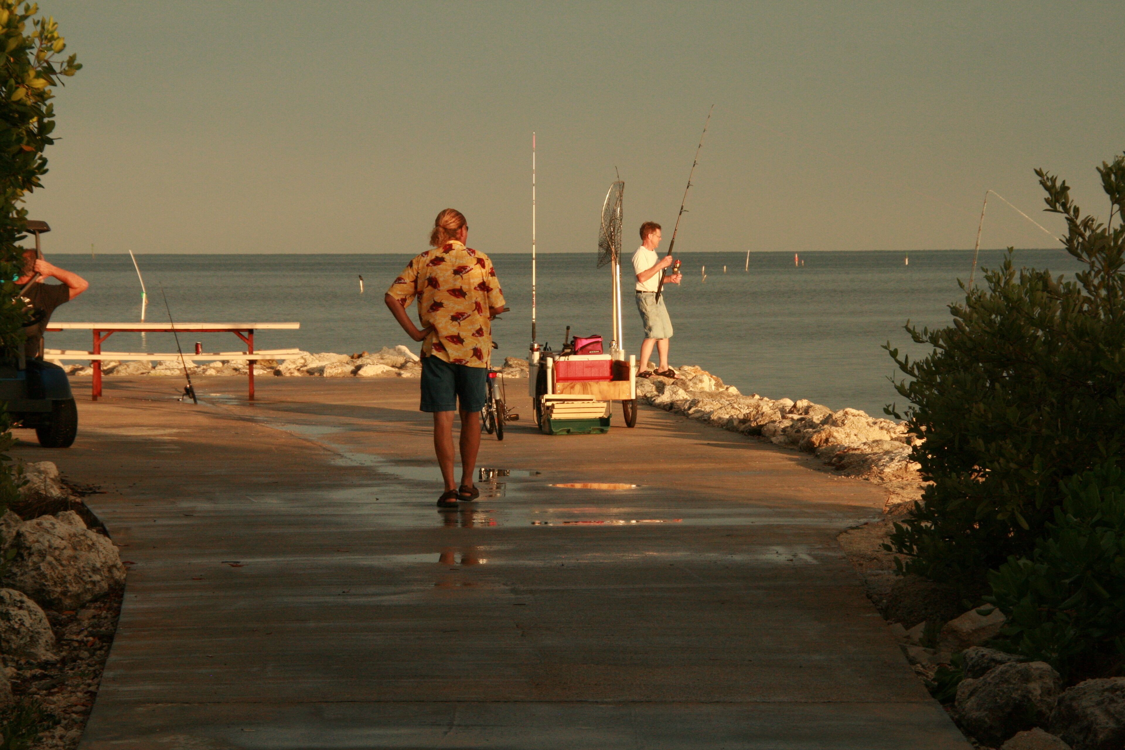 Un camino pavimentado que lleva a una playa, con una mesa de picnic y un carrito de pesca.